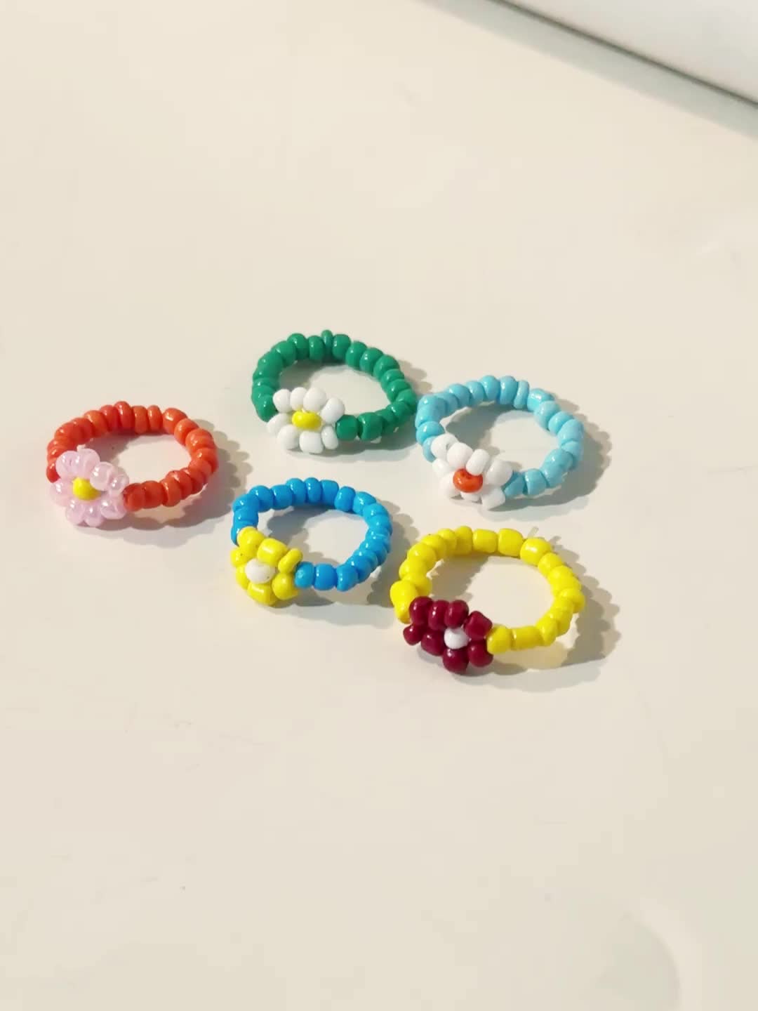 5 Bohemian Colorful Rice Bead Woven Flower Rings, Stackable